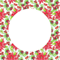 Watercolor Christmas round frame with holly, mistletoe, poincettia.
