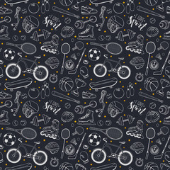 Seamless pattern from sport equipment in doodle style. Vector illustration. Hand drawn sport accessories on blackboard.