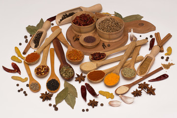 Fototapeta na wymiar Spice. Spice in a wooden spoon. Herbs. Curry, saffron, turmeric, pepper and other isolated on white background.