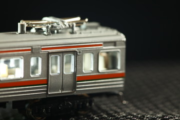 Miniature railroad model scene.