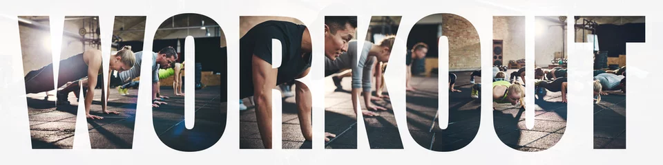 Fototapete Bestsellern Sport Collage von Menschen, die während eines Trainings im Fitnessstudio gemeinsam Liegestütze machen