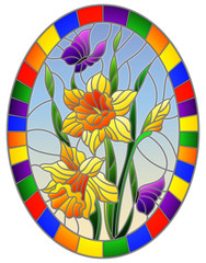 Illustration in stained glass style with a bouquet of yellow daffodils and blue butterflies on a blue background in bright frame