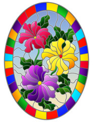 Illustration in stained glass style with a bouquet of bright flowers on a blue background in a bright frame, oval image
