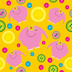 Abstract cute seamless ornament with pink elephants and buttons