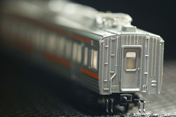 Miniature railroad model scene.