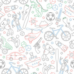 Seamless pattern on the theme of childhood and toys, toys for boys, colored outlines icons on white background