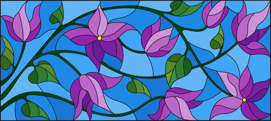 Illustration in stained glass style with abstract intertwined purple flowers and leaves on blue background