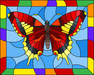 Illustration in stained glass style with bright red butterfly on a blue background in a bright frame