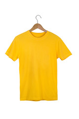 Yellow Blank Cotton Tshirt with wooden hanger isolated on white with clipping path