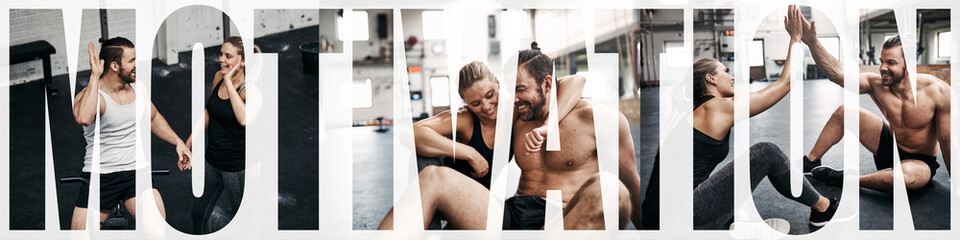 Fototapeta na wymiar Collage of two positive friends working out at the gym
