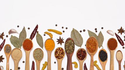 Spice. Spice in a wooden spoon. Herbs. Curry, saffron, turmeric, pepper and other isolated on white...