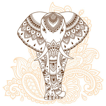 African elephant decorated with Indian ethnic floral vintage pattern. Hand drawn decorative animal in doodle style. Stylized mehndi ornament for tattoo, print, cover, book and coloring page.