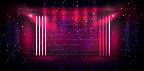 Obraz premium Empty brick wall background, night view, neon light, rays. Celebratory background.