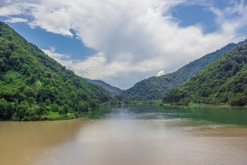 view of the confluence of two rivers and mountains