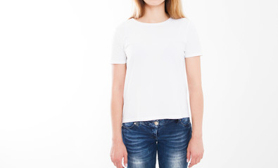 portrait of beautiful sexy woman in tshirt. T-shirt design, people concept - closeup of woman in white shirt, front isolated. Mock up template for design print. Copy space