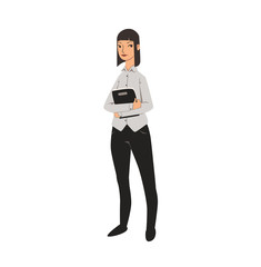 Elegant office girl in white shirt and black trousers. Colorful flat vector illustration. Isolated on white background.