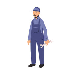 Mechanic service handyman worker man holding a spanner. Colorful flat vector illustration. Isolated on white background.