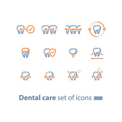 Teeth braces, dental care, stomatology services, cleaning and whitening, implant and crown, protection concept, line icons