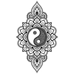 Circular pattern in form of mandala for Henna, Mehndi, tattoo, decoration. Decorative ornament in oriental style with Yin-yang hand drawn symbol. Coloring book page.
