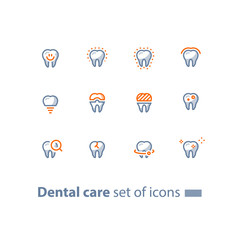 Stomatology services, dental care, prevention check up, tooth implant and crown, line icons