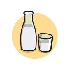 Bottle of milk and a glass. Colorful flat vector illustration. Isolated on white background.