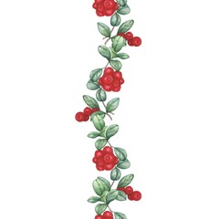 Cowberry. Watercolor Seamless border. Hand drawing.