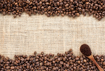 Coffee beans on sackcloth for background.