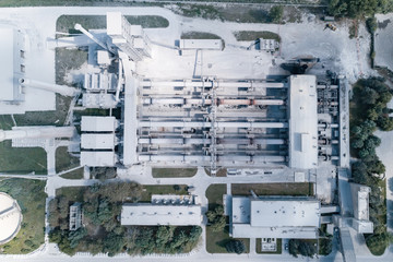 Plant for the production of cement, clinker and gypsum. Tubular rotary kilns. Aerial photography,...