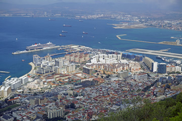 View from The Rock of Gibraltar looking down onto the town below with the ocean in the background