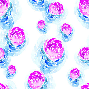 Seamless watercolor pattern of pink flowers and blue leaves on a white background.