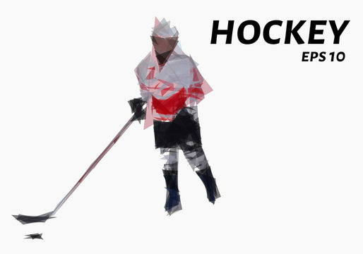 Hockey consists of triangles. Low poly hockey player. Vector illustration