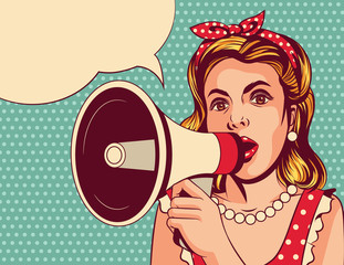 Vector pop art comic style illustration of a beautiful girl with a loudspeaker. The young woman speaks in a megaphone. Vintage poster of a lady in red dress over a blue background with a mouthpiece