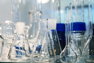 Chemical laboratory glassware. Abstract background.