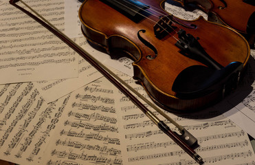 Fototapeta na wymiar Wooden violin on a sheet music.