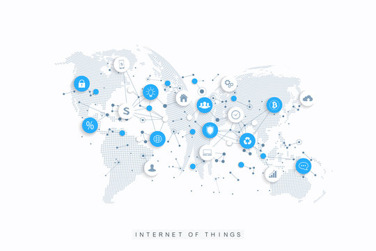 Internet of things IoT and network connection concept design vector. Social media network and marketing concept with dotted globes. Internet and business technology