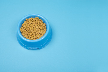 Blue food bowl with cat kibble seen from a high angle view on a blue background
