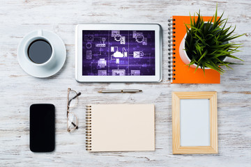 Business still life concept with office stuff on wooden table