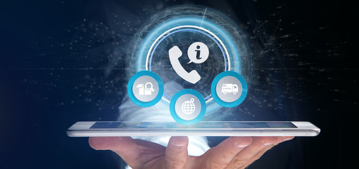 Businessman holding a customer and assistance hotline service 3d rendering