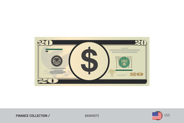 20 US Dollar Banknote. Flat style highly detailed vector illustration. Isolated on white background. Suitable for print materials, web design, mobile app and infographics.