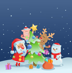 Santa Claus decorating New Year fir tree with his friends. Web banner, advertisement, card, print design. Colorful flat vector illustration.