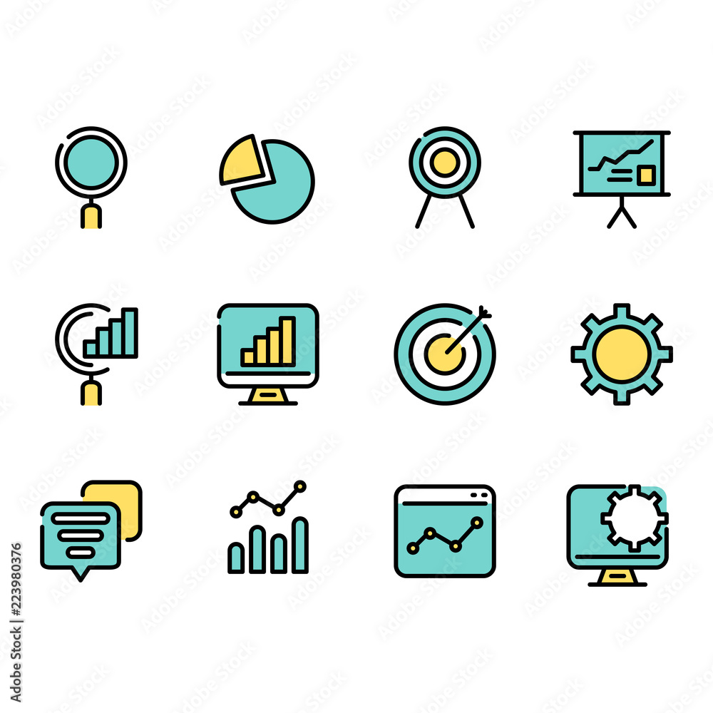 Poster Simple set of outline Business data information thin icons for web.