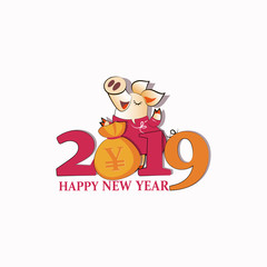 Yellow pig with a bag of Chinese money. Chinese New Year. Chinese symbol of the 2019 year. Greeting card, festive gift card with a festive greeting.