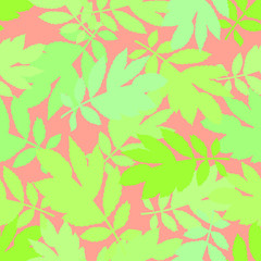 The pattern of spring green leaves on a red background, you can use for textiles, the background of greeting cards, napkins, wrapping paper and more.