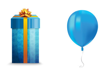 Realistic air flying blue balloon with reflects and a gift box isolated on white background. Festive decor element for any holiday. Vector illustration.