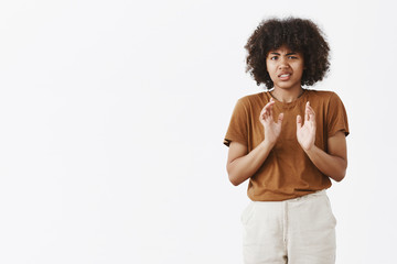 No thanks I refuse. Portrait of displeased intense and unhappy young African American girl with...