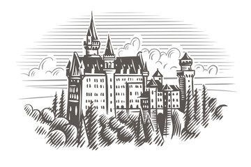 Neuschwanstein castle engraving style illustration. Vector. Layered. 
