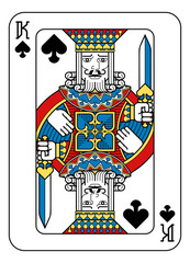 A playing card king of Spades in yellow, red, blue and black from a new modern original complete full deck design. Standard poker size.