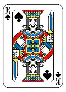 A playing card king of Spades in yellow, red, blue and black from a new modern original complete full deck design. Standard poker size.