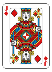 A playing card Jack of Diamonds in yellow, red, blue and black from a new modern original complete full deck design. Standard poker size.