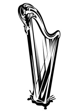 antique harp musical instrument - classical music black and white vector symbol